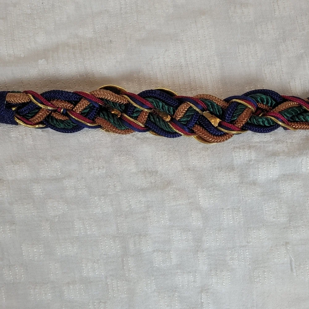 Vintage 80's navy maroon green gold braid woven belt three circle gold accents M